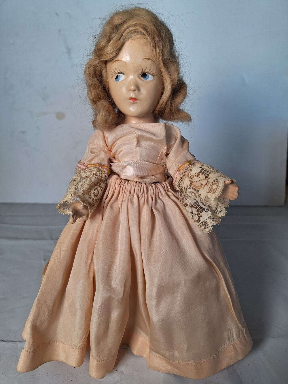 Vintage 1940s Dream World 11.25" Composition Doll Mohair Wig Period Costume